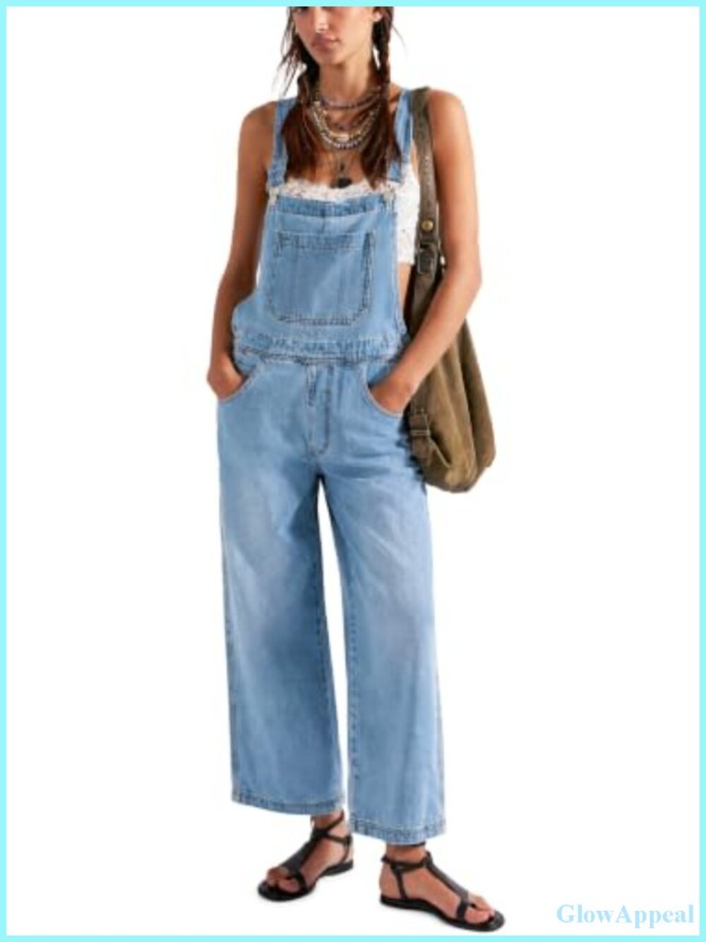 Women's Wide Leg Denim Bib Overalls, Baggy Cotton Blend Jumpsuit